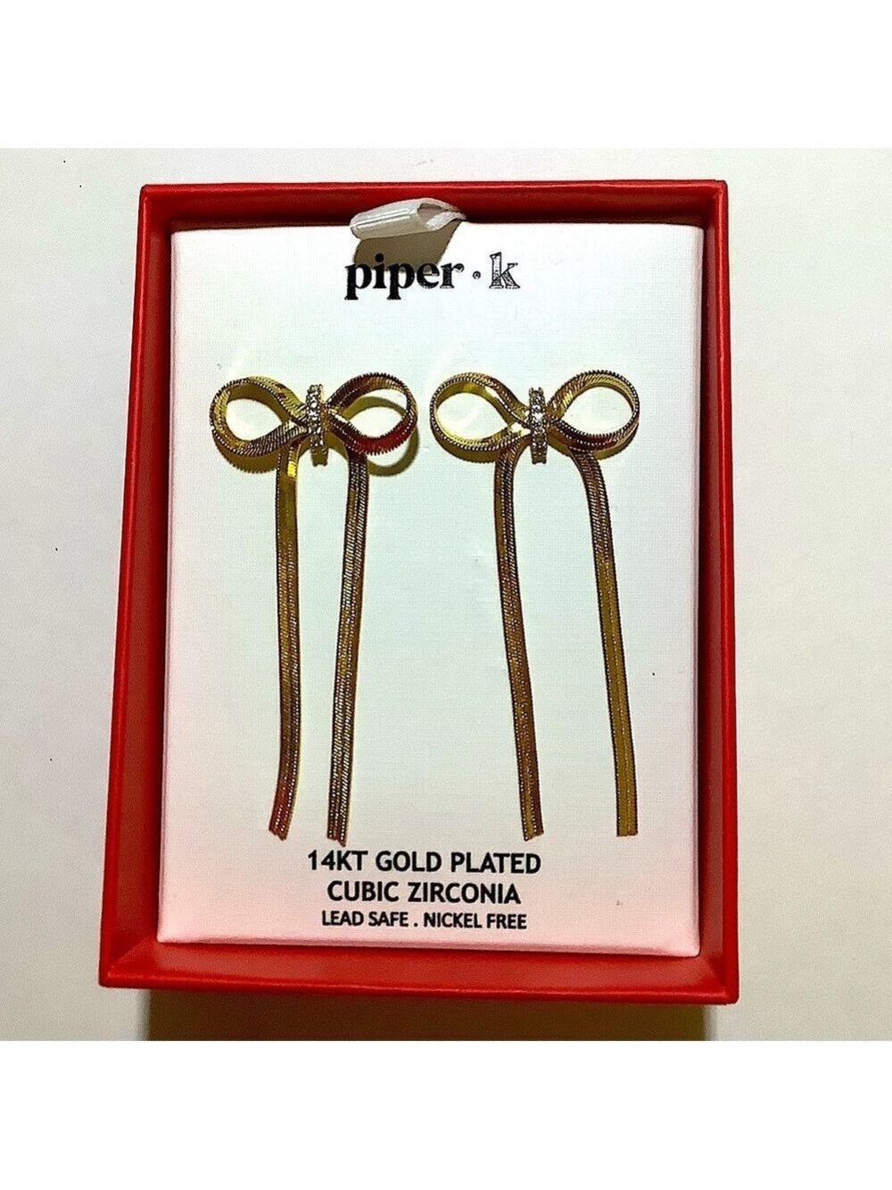Piper K Gold Bow And Rhinestone Earrings New